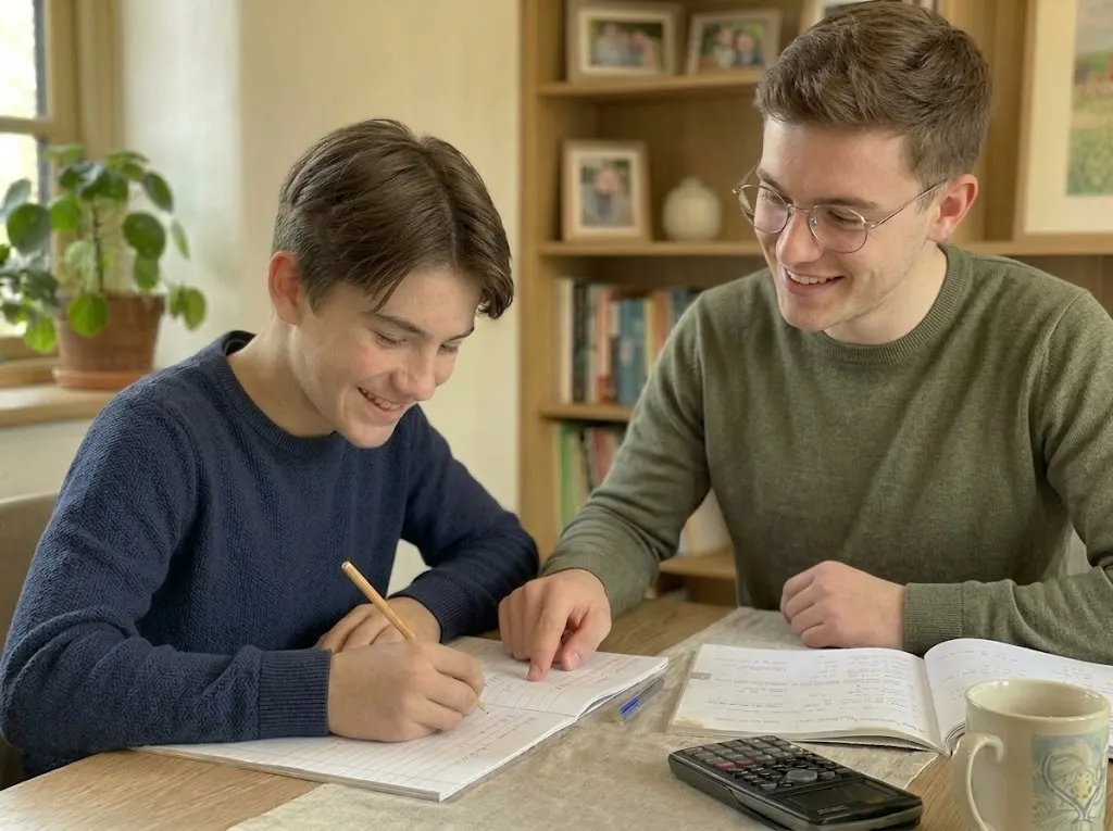 Une étudiante aide un élève à faire ses exercices de maths, à la table du salon